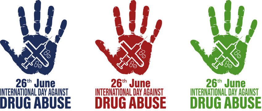 International day against drug abuse awareness campaign with handprints and syringes