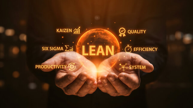 Person Holding Glowing Orange Sphere with Lean Manufacturing Concepts and Icons in Dark Background
