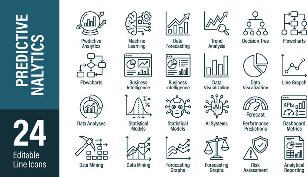 Predictive analytics icons display flowcharts, data mining techniques, and statistical graphs designed for professional business intelligence applications.