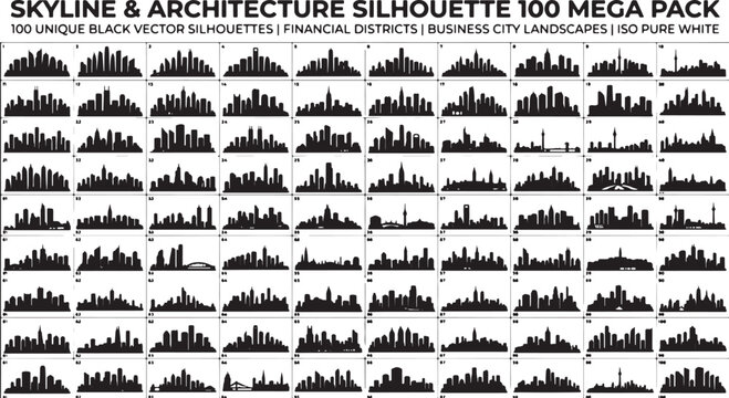 Skyline & Architecture Silhouette 100 Mega Pack, 100 Unique Black Vector Silhouettes, Financial Districts, Business City Landscapes, Pure White Background