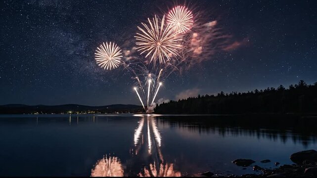 Red fireworks reflecting on a calm forest lake under a starry night sky
