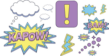 Comic book style speech bubble set with pop art explosion clouds exclamation marks and action sound effects for creative design, © Mousumi