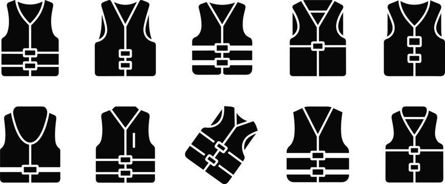 Life jacket icons collection, safety vest silhouette, water sports protection design, marine rescue equipment illustration, black vector graphic set