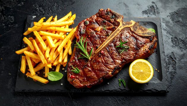 Grilled Juicy T Bone Steak Served with Crispy French Fry on Black Slate Board