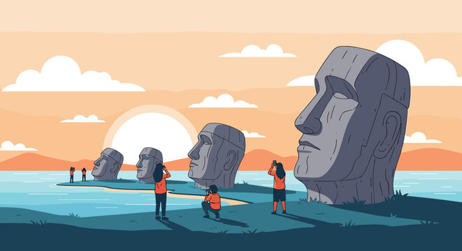 Group of tourists photographing the famous ancient moai stone statues on Easter Island during a clear sunset at the beach.