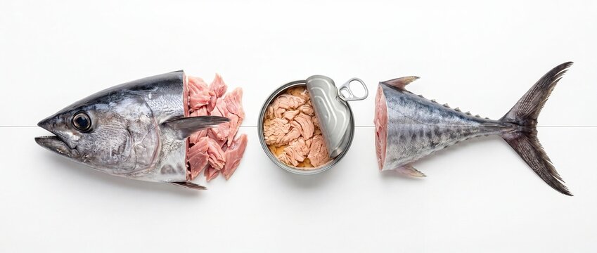 Concept of fresh tuna turning into canned fish minimal composition