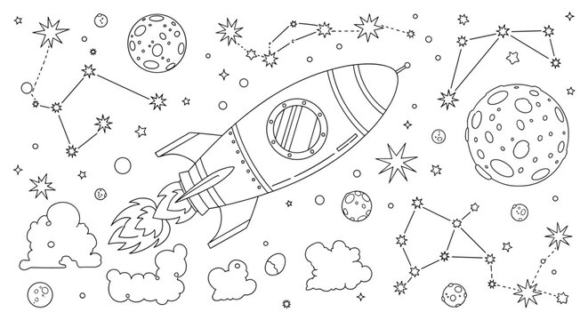 Playful line art illustration of a rocket ship flying through space among planets, stars, constellations, and fluffy clouds.