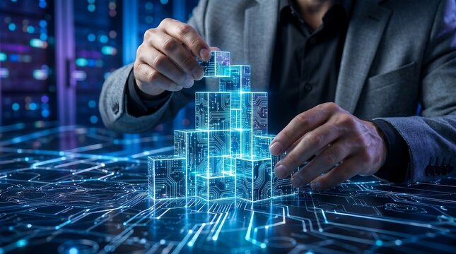 Businessman's hands building futuristic digital structure with glowing circuit board cubes, representing innovation and technology development.