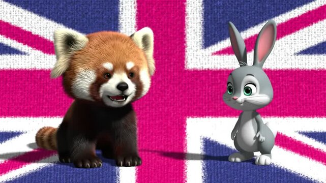 Cute cartoon red panda and bunny rabbit standing in front of Union Jack flag background