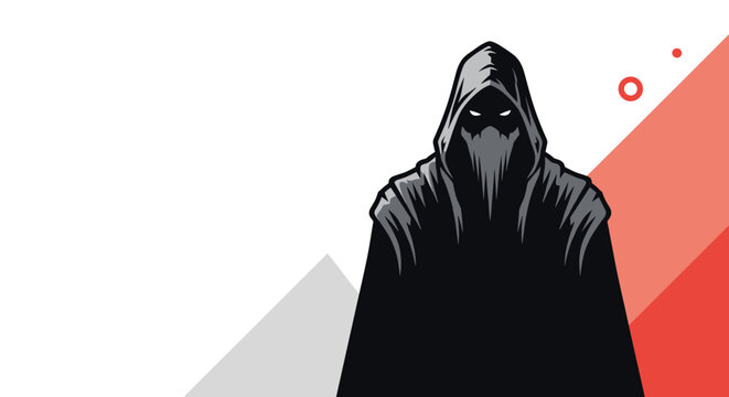 Mysterious figure wearing a dark hooded cloak and a mask looks forward with glowing eyes in a dramatic and minimalist vector illustration.