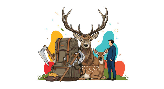 Composition of hunting and outdoor elements features a large deer head alongside a backpack and axes while a man in a suit stands nearby.