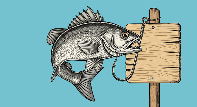 Large fish is caught on a metal hook next to a rustic wooden sign board in this detailed and textured engraving artwork.