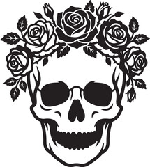 Fototapeta premium Black skull, floral crown, roses, sugar skull, day of the dead, vector icon, illustration, graphic design element