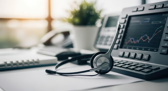 Close-up of a customer service headset resting on an office desk with a telephone and plant in the background