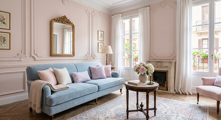 Fototapeta premium A light-filled living room with a blue sofa, decorative fireplace, and large windows overlooking a balcony. 