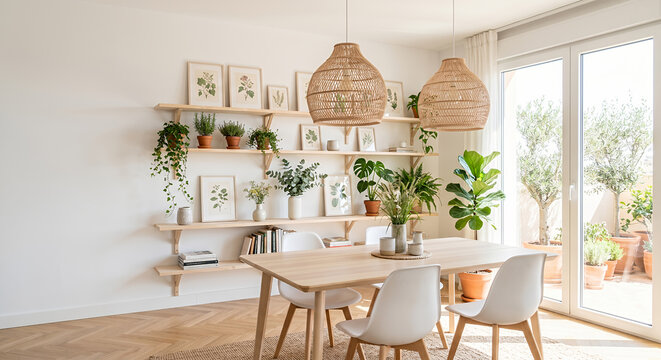 A bright, modern dining room with a wooden table, white chairs, and shelves filled with plants and artwork. Natural light streams in from a large window overlooking a patio with potted trees.