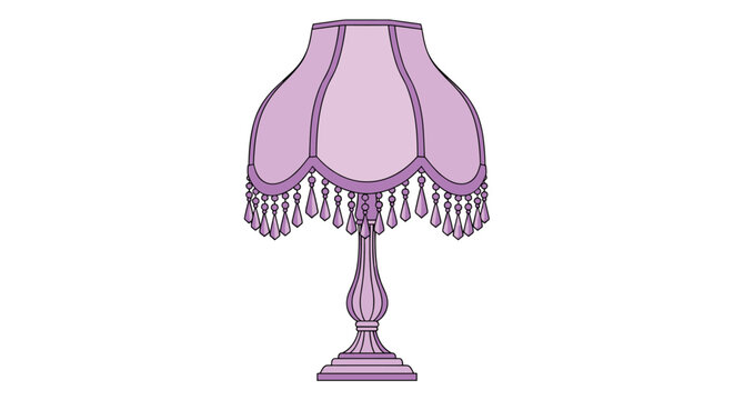 Elegant purple table lamp featuring a classic lampshade adorned with dangling crystal beads and decorative fringe on a white background.