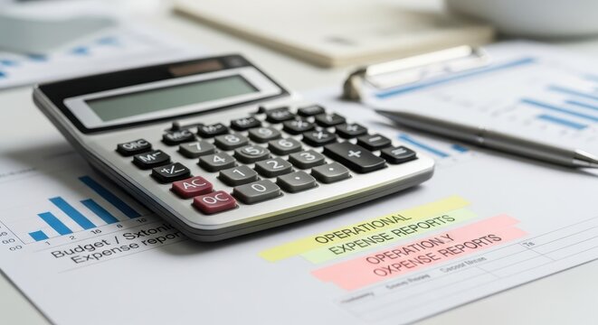 Silver electronic calculator resting on financial reports with highlighted text and office supplies