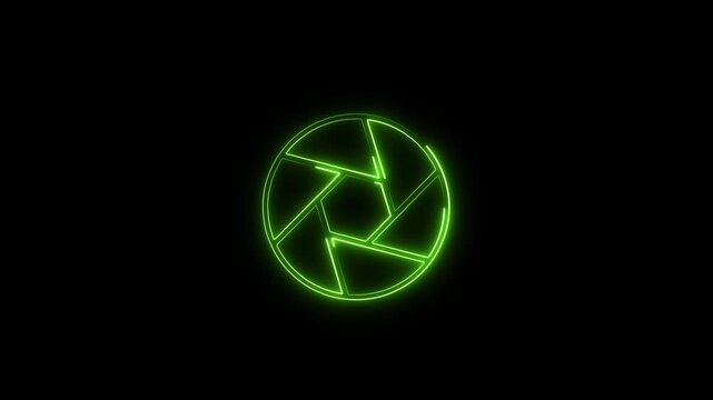 Glowing green neon camera aperture shutter loop animation, creative photography and cinematography lens iris opening closing shutter graphic on black background.