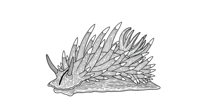 Detailed black and white engraving of a unique sea slug nudibranch featuring many pointed protrusions over its soft body.