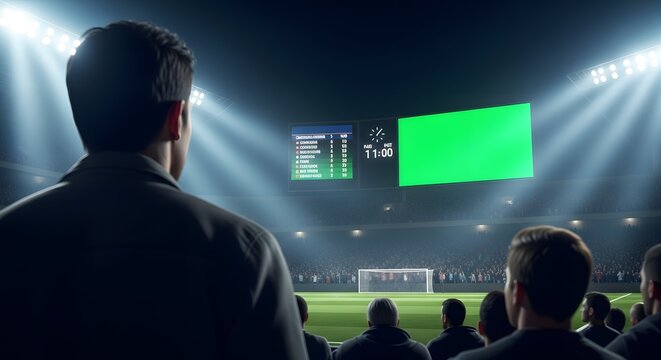 Spectators watching a football match on a large green screen stadium display.