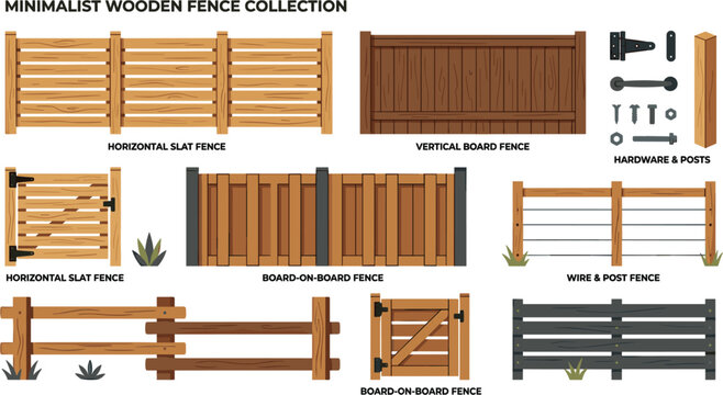 Minimal Wooden Fence Collection Illustration with Gates, Privacy Panels, Ranch Fences, and Timber Barrier Elements for Landscaping, Construction, and Property Design Projects