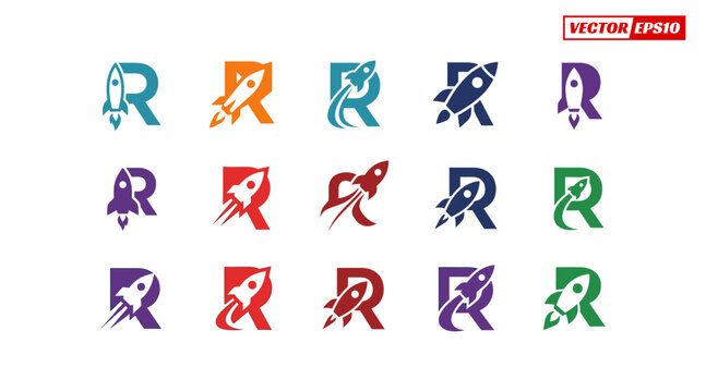Collection of R letter rocket logos in various colors and styles.