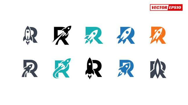 Collection of R letter rocket logo designs for various applications.