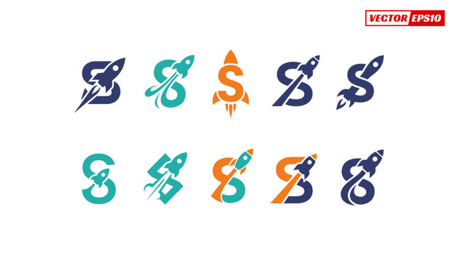 Collection of stylized letter S logos with rocket elements.