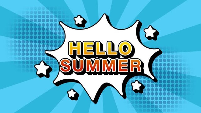 Hello Summer text word lettering popup comic cartoon reveal with bomb and smoke explosion manga anime book page dots with radial speed lines doodle sky blue background with seamless loop animation ret