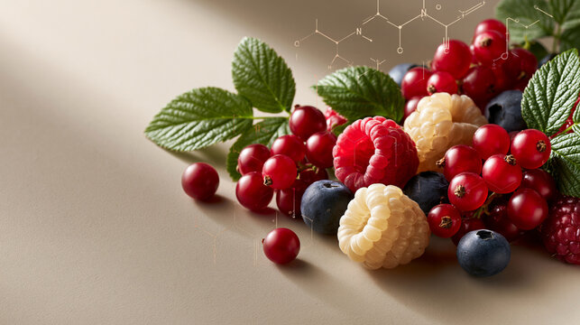 Premium healthy food composition with antioxidant berries and organic chemistry overlay showcasing food science and longevity nutrition