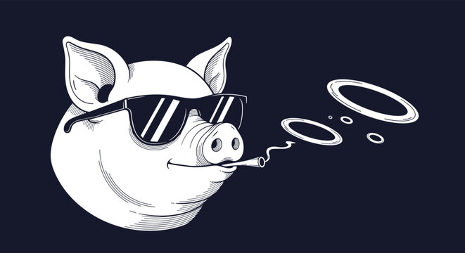 Stylized engraving of cool pig wearing sunglasses and smoking cigarette while blowing thick smoke rings against dark background.