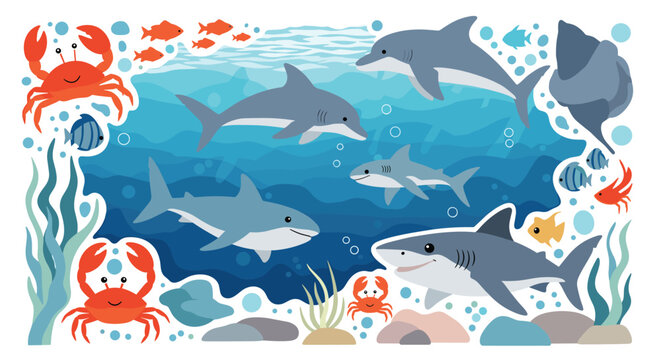 Vibrant underwater world illustration with sharks dolphins crabs and colorful fish swimming through deep blue ocean waters.