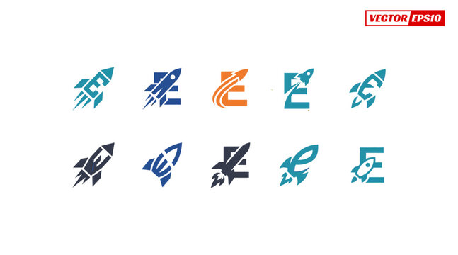 Set of rocket ship logos and letter E icons.
