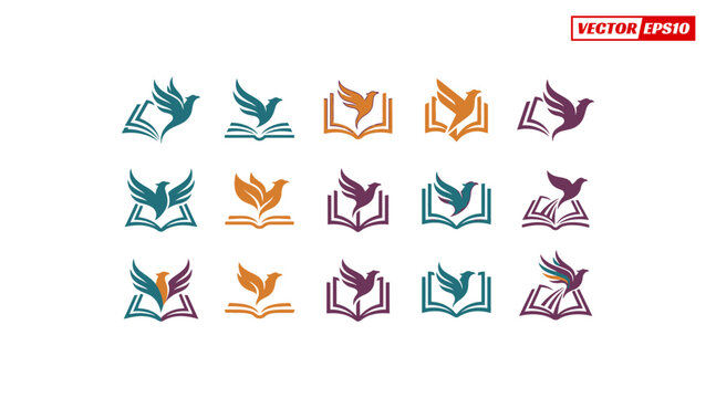 Set of stylized bird and book logos in various colors.