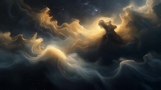 Shadowy galactic void with thin golden fog drifting like silk through dark ambient cinematic space