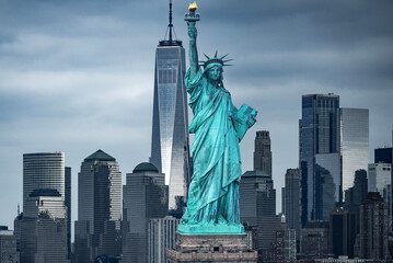 American vote and democracy. Voting in United States. New York near Liberty Statue. Manhattan panorama with towers and Liberty Statue. NYC panorama of downtown Manhattan with Statue of Liberty. © Volodymyr