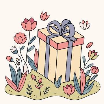 Colorful gift box with ribbon and flowers on a grassy field gift wrapping gift giving gift presentation gift idea