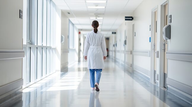 Female medical professional walking down a bright hospital corridor.