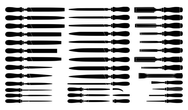 Industrial File And Chisel Silhouette Vector Set For Woodworking And Metalworking Tools