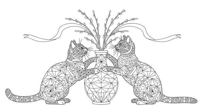 Artistic black and white illustration of two cats decorated with geometric patterns standing by an ornate vase with branches.