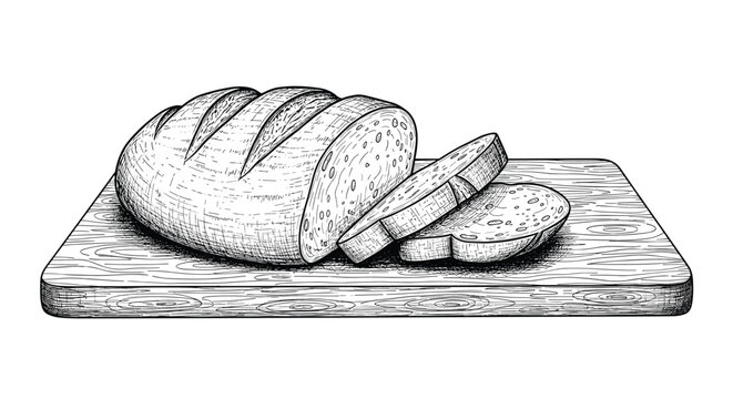 Detailed black and white engraving of a rustic loaf of crusty bread and cut slices resting on a textured wooden cutting board.