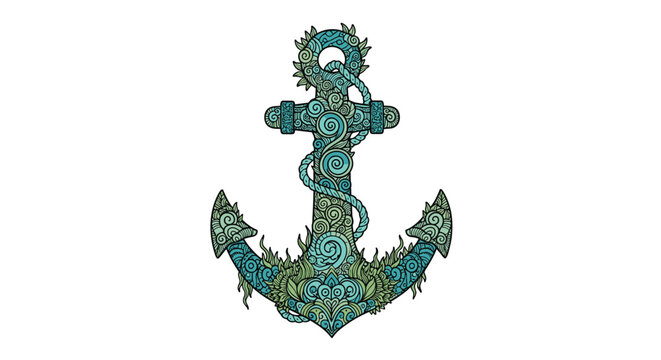 Intricate artistic illustration of a nautical anchor covered in ornate swirls and decorative wave patterns in teal and green.
