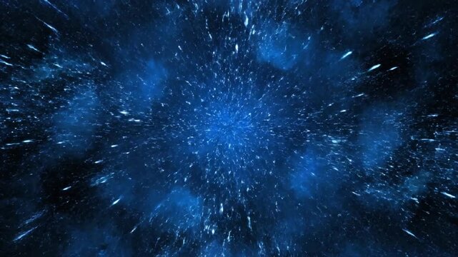 Blue light particles exploding in a cross shape on a black background