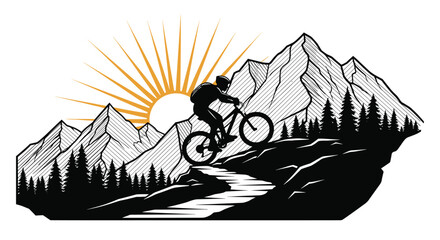 Obraz premium Striking black and white silhouette illustration of a mountain biker riding uphill against a large sun and jagged mountain peaks.