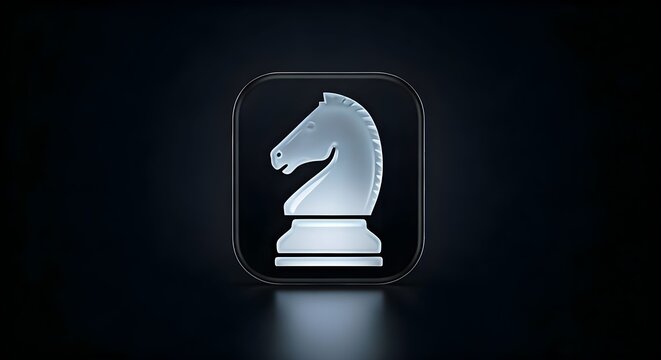 Digital composite of White chess knight icon with dark background, 3D rendering