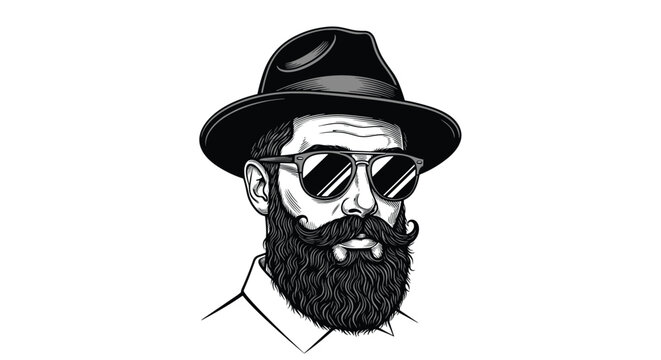 Stylish black and white engraving of a modern man with a full beard, mustache, fedora hat, and dark aviator sunglasses.