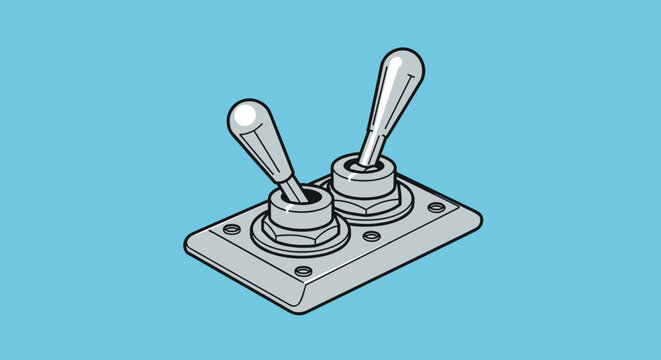 Industrial style illustration of two metal toggle switches mounted on gray rectangular base over bright blue background.
