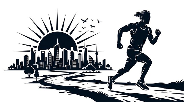 Silhouette of a runner on a winding path with a city skyline and rising sun in the background, depicting morning exercise.