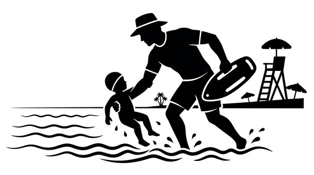 A lifeguard in a hat and shorts helps a small child in the water near a beach with a lifeguard tower in the background.